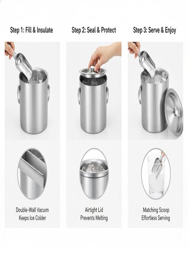 FINALITY Double Wall Stainless Steel Plain Ice Bucket with Ice Scoop. Ice Picker, 1.75 litres, Ice Cold for 6 h with Handle, bar Tools for Home bar Accessories, Mini bar - Image 3